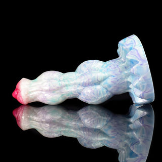 Observe an image of 8-inch long Ice Dragon dildo with 3-inch girth made of body-safe silicone.