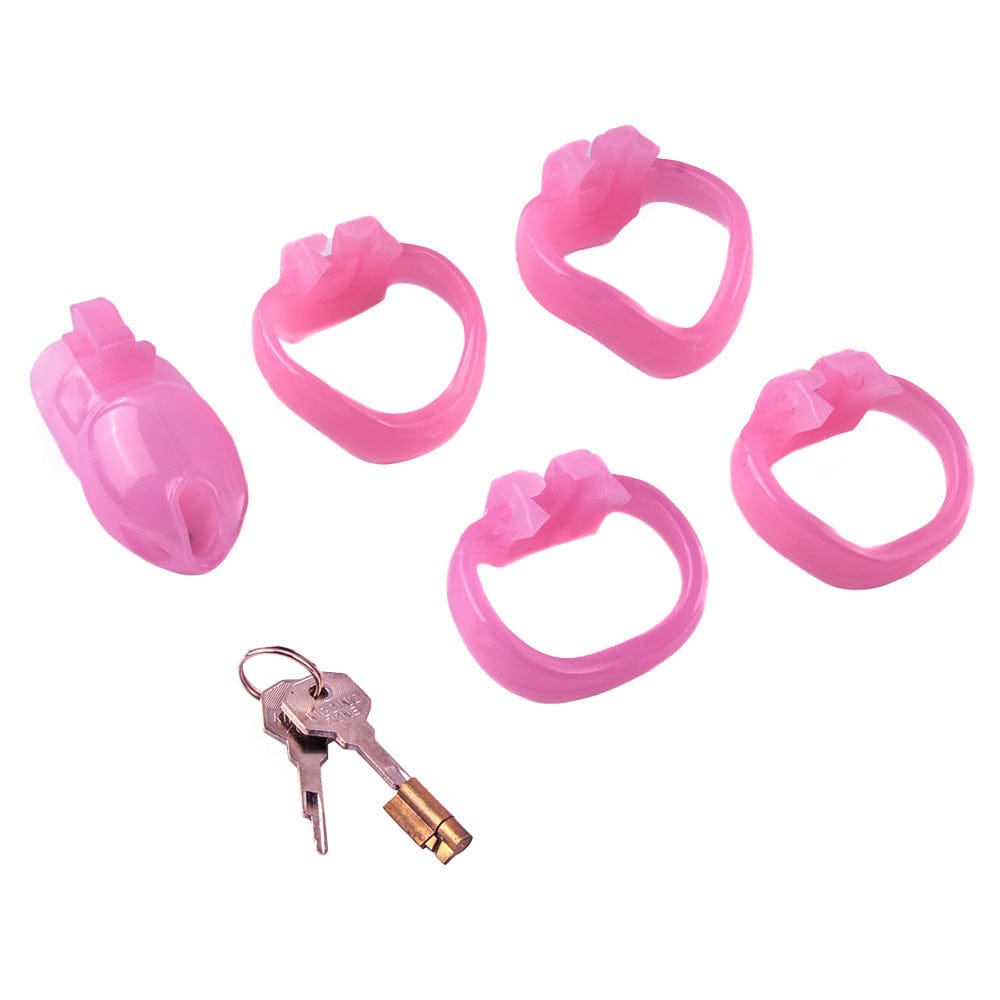 An image showing the pink cage of the Sissy Pink Clit Flat Cock Cage Silicone Resin Holy Trainer V4 for a fun and empowering feminization experience.