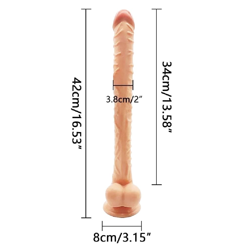 This is an image of a realistic and extra long dildo with a strong suction cup base, perfect for hands-free orgasms and discreet delivery, made of soft PVC material for bending and twisting in any direction.