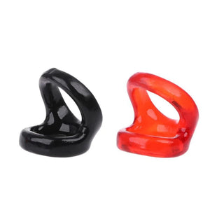In the photograph, you can see an image of Longer Erections Cock and Ball Ring in seductive red and black for role-play excitement.