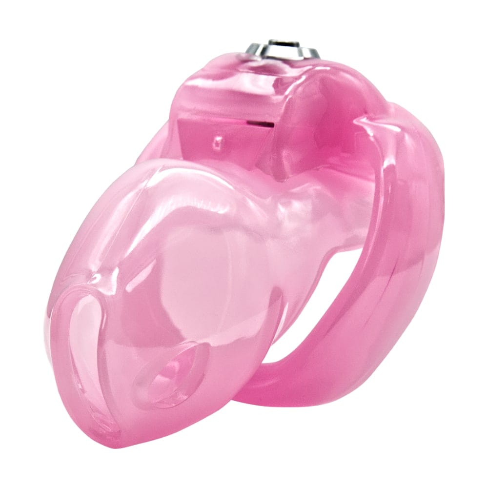 In the photograph, you can see an image of Pink Silicone Clit Sissy Chastity Cage Holy Trainer V5 with three different sizes for secure fit.