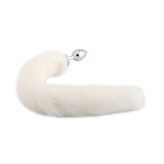 This is an image of Charming White Cat Tail Butt Plug 17 Inches Long with luxurious synthetic fur tail and stainless steel body for exciting intimate encounters.