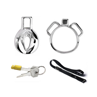 What you see is an image of the package contents of Sissy Wear Cock Cage, including the cage, belt, rings, lock, and two keys for complete use.