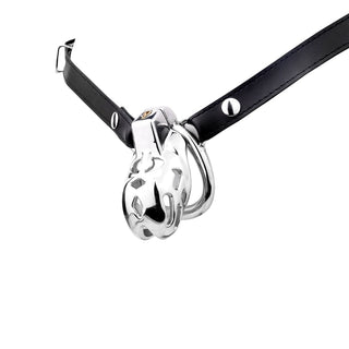 Sturdy stainless steel chastity cage with adjustable leather belt, ideal for secure and comfortable restraint.