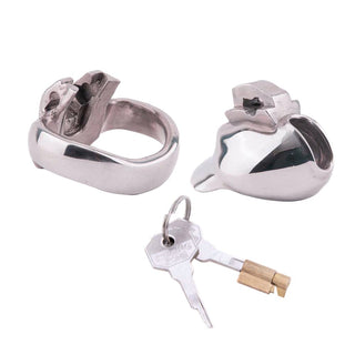 Metal chastity device for dominance and submission play.