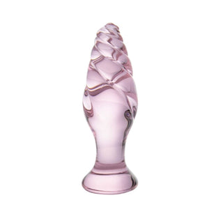 In the photograph, you can see an image of Pink Enchantress Crystal Butt Plug Glass with ribbed detailing for heightened pleasure.