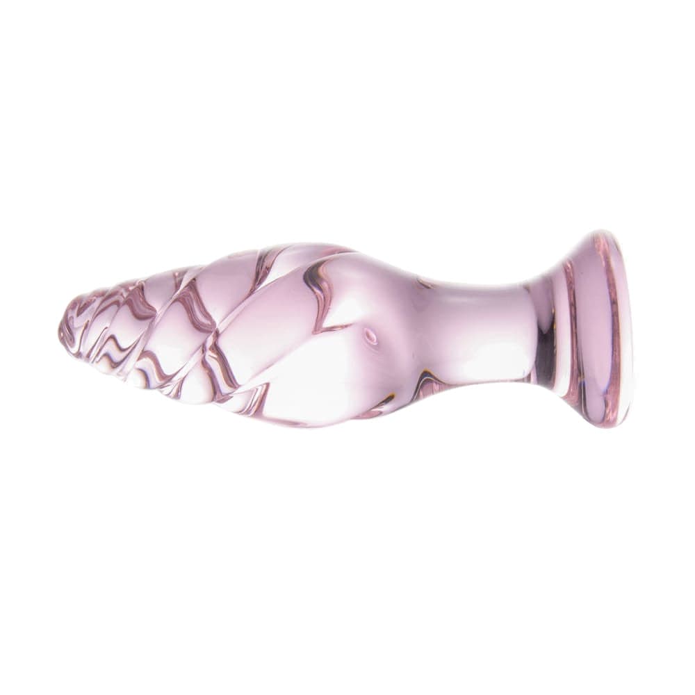 Pictured here is an image of a pink glass butt plug with a tapered design for comfortable insertion and fulfilling experiences.