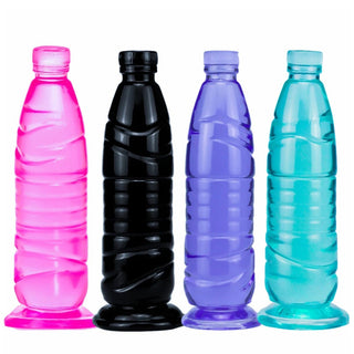 Water Bottle Plug Toy in black color with textured mineral water bottle shape for anal play.