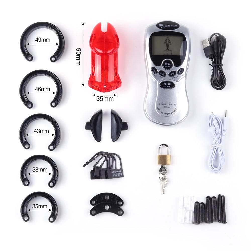 Featuring an image of the Electro Cock Chastity Shock Device with all the components included in the set: Estim Power Box, silicone pads, padlock, keys, locking pins, guide pins, spacers, pin covers, electrode cable, USB cable charger, and coded locks.