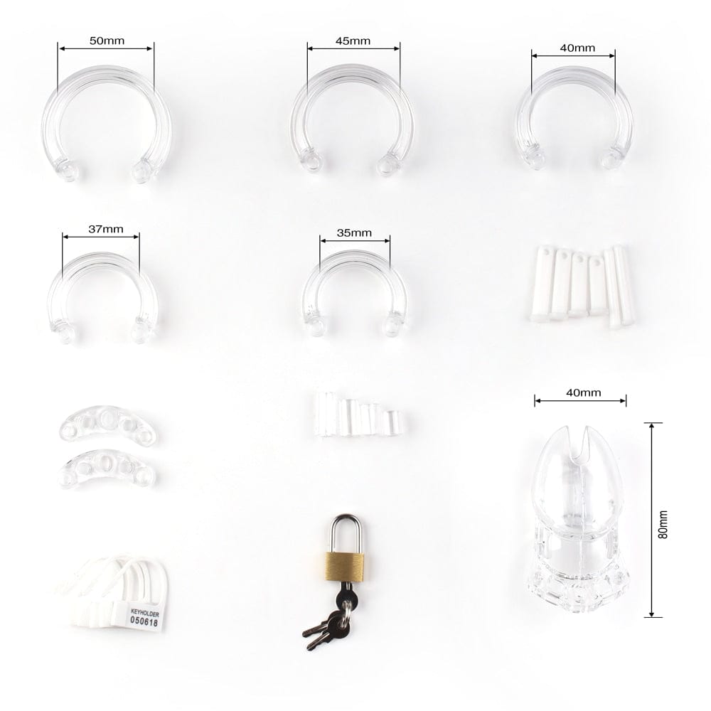 Here is an image of Cum Spectator Resin Cage, a transparent chastity restraint with a clear tip and ventilated body for a tantalizing game of denial and anticipation in intimate play.