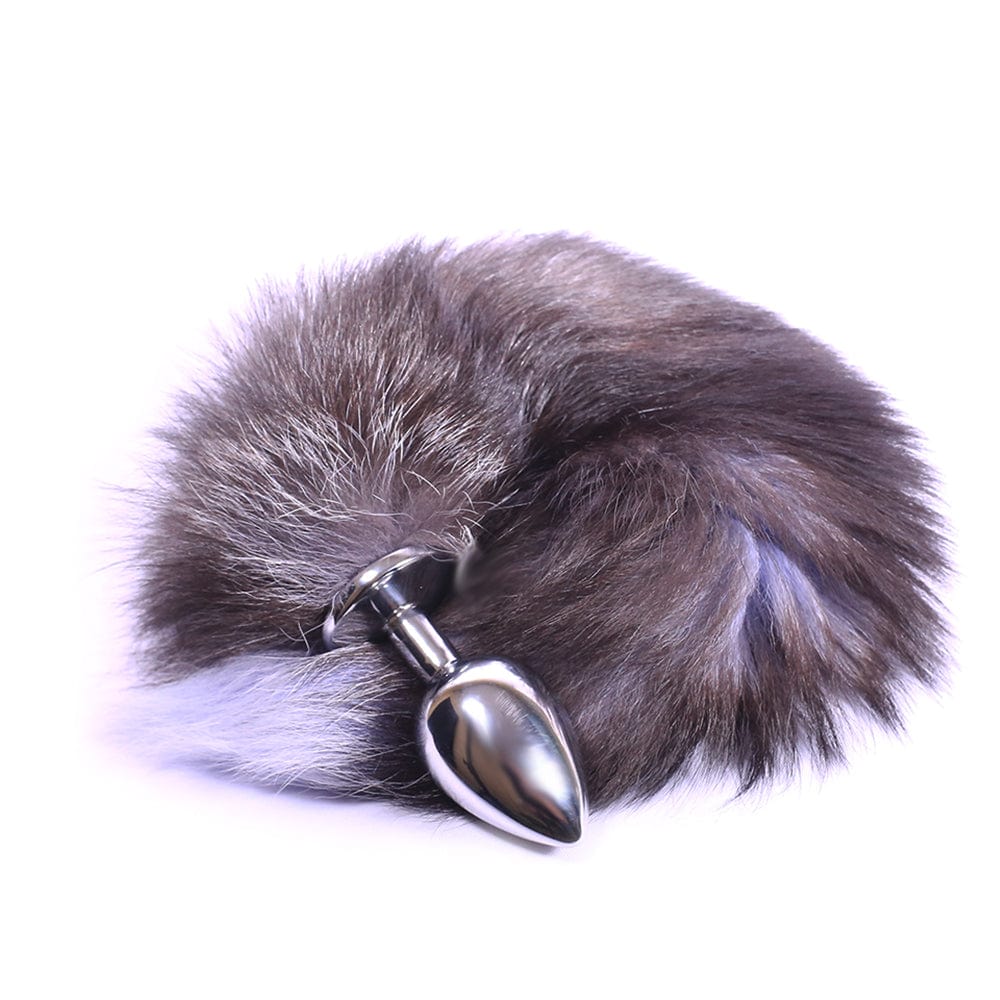 This is an image of 18 White Tip Princess-Type Dark Cat Tail Plug with stainless steel plug, silicone, and faux fur tail.