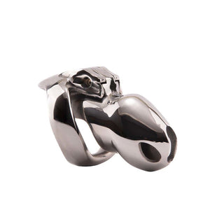 Pictured here is an image of Steely Small Holy Trainer V4 Chastity Cage, a compact metal cage with a peephole design for chastity play.