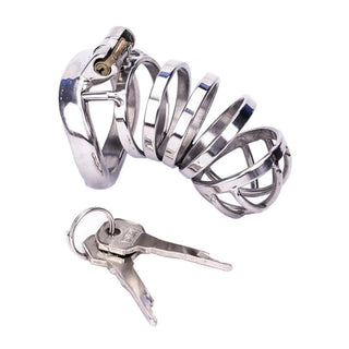 Image of stainless steel male chastity cage with catheter and rings