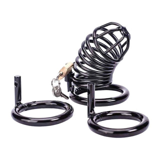 Here is an image of the black stainless steel cage perfect for enhancing pleasure in BDSM play.
