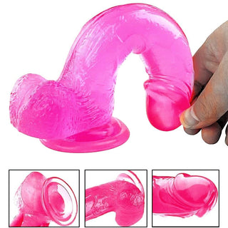 Pink silicone lifelike dildo with testicles for anal and vaginal play