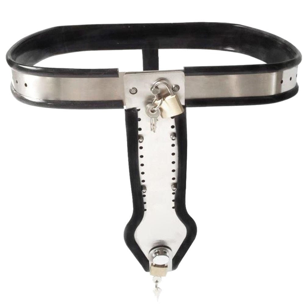 You are looking at an image of Total Submission Female Chastity Belt made of stainless steel and silicone