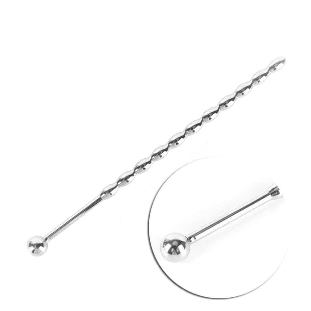 Silver beaded penis wand with temperature adaptability for heightened sensations.