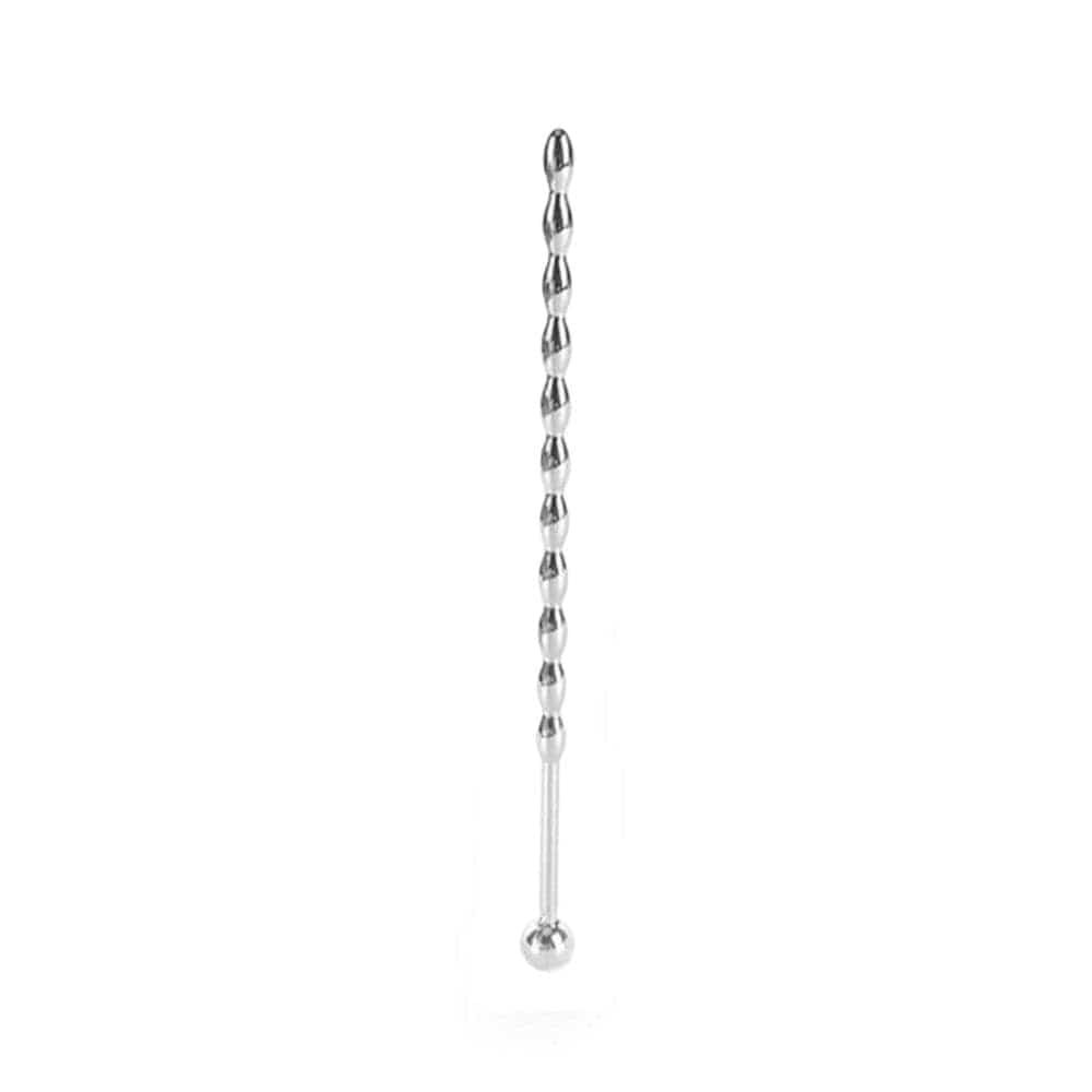 Silver-colored beaded urethral stretcher penis plug for temperature play.