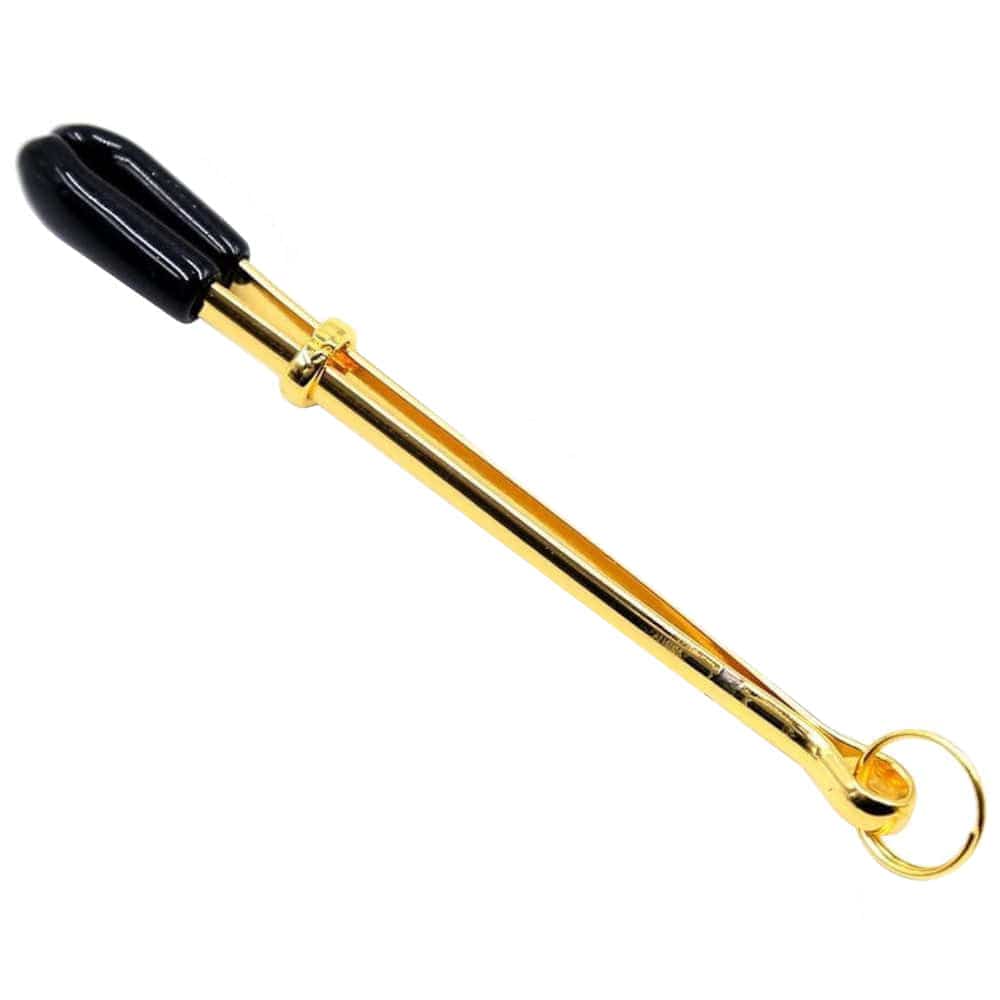Featuring an image of Golden Nipple Clamps for Couples, meticulously crafted from high-quality stainless steel with a luxurious golden finish and rubber-tipped ends for durability and comfort.