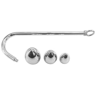 This is an image of Metal Anal Hook With 3 Bead Sizes, with a hook length of 9.45 inches and three plug sizes.