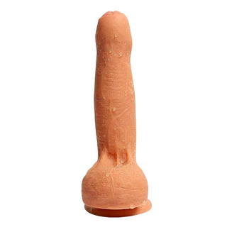 This is an image of Uncircumcised 7 Inch Dildo With Testicles and Suction Cup, measuring 7.1 inches long with a diameter of 1.4 inches, perfect for G-spot or prostate stimulation.