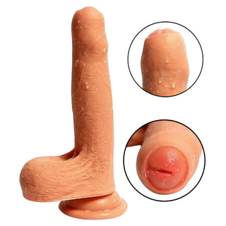 An image showing the Skin-tone Uncircumcised 7 Inch Dildo With Testicles and Suction Cup, flexible for use in any sex position and with a waterproof rating of IP7 for shower play.
