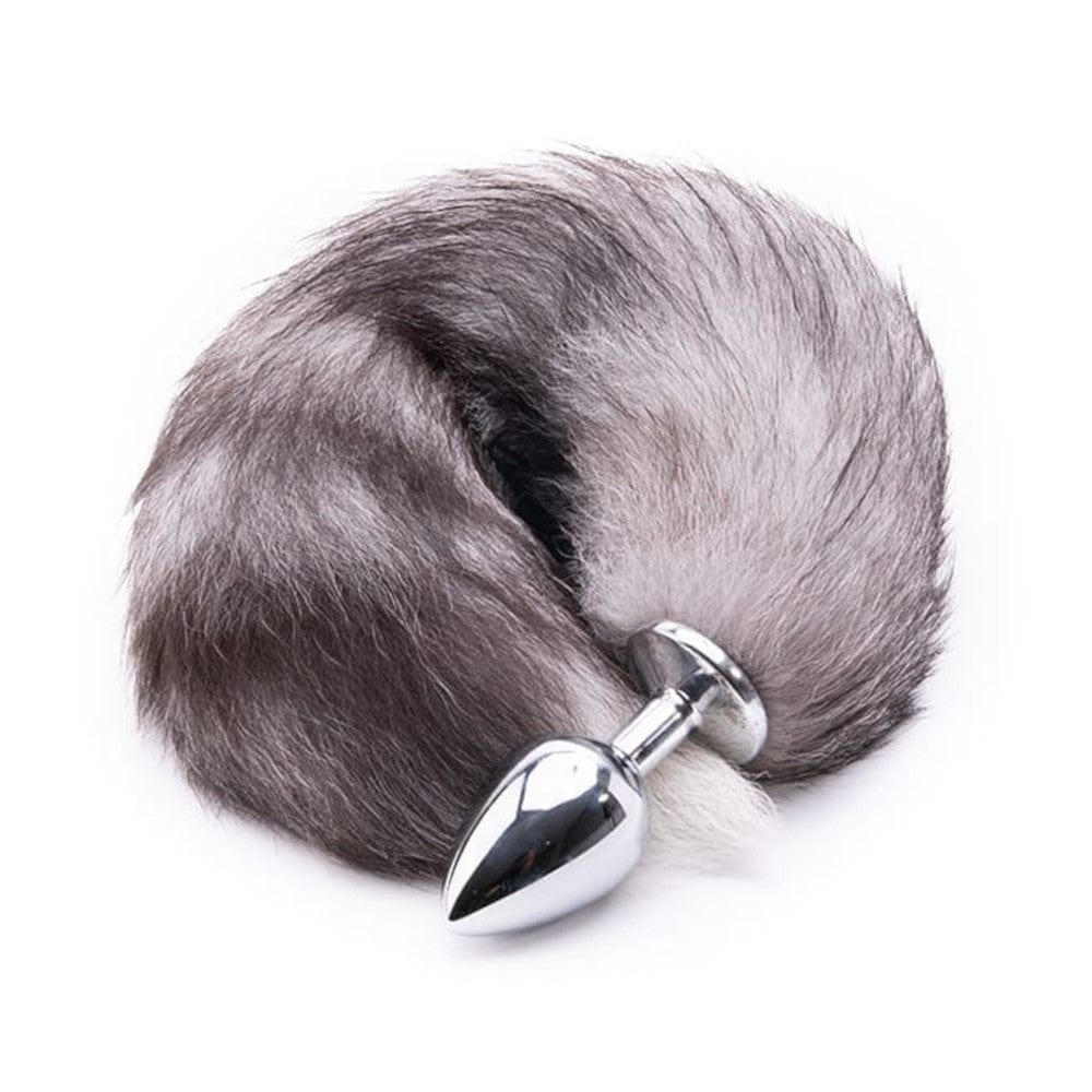 This is an image of Feisty Greyback Fox Tail Plug 16 Inches Long, featuring a generous 15.75-inch tailpiece and a 2.80-inch butt plug available in silicone or stainless steel.