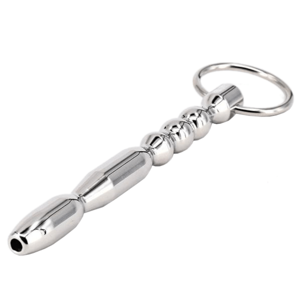 What you see is an image of Hollow Urethral Dilator Stainless Steel Sound Male Sex Toy with tapered entrance and three equally sized beads for heightened pleasure.
