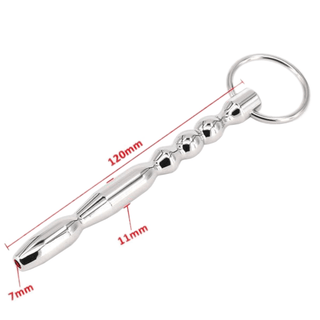 Take a look at an image of Hollow Urethral Dilator Stainless Steel Sound Male Sex Toy, a beaded plug type with dimensions of 4.72 in length, 0.43 body width, and 0.28 tip width for heightened pleasure.