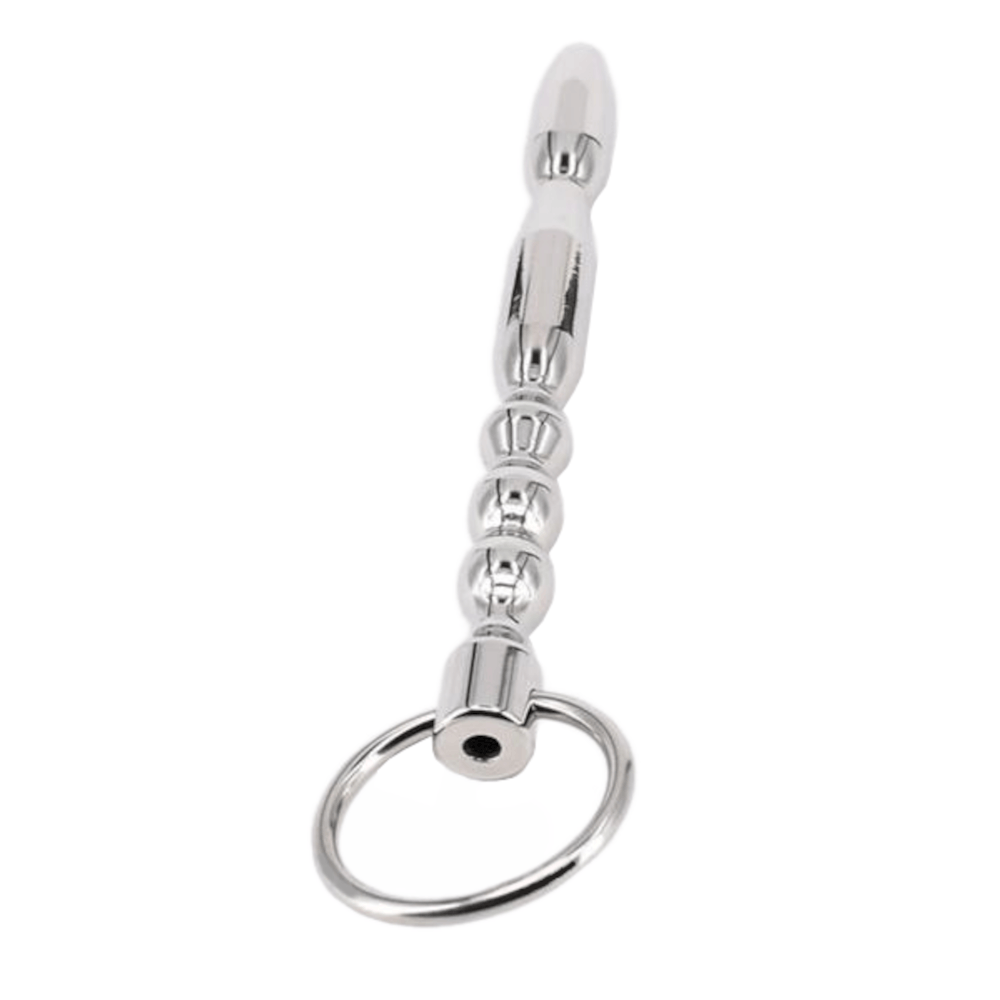 In the photograph, you can see an image of Hollow Urethral Dilator Stainless Steel Sound Male Sex Toy with a smooth, polished surface, resistant to rust, and a ring at the base for control and safety.