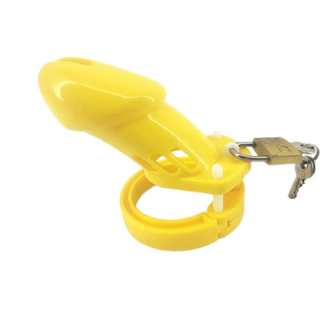 Check out an image of Scorching Love Torch Sissy Chastity Cage, a vibrant yellow plastic device with perforations for ventilation and a strategically placed hole for comfort.