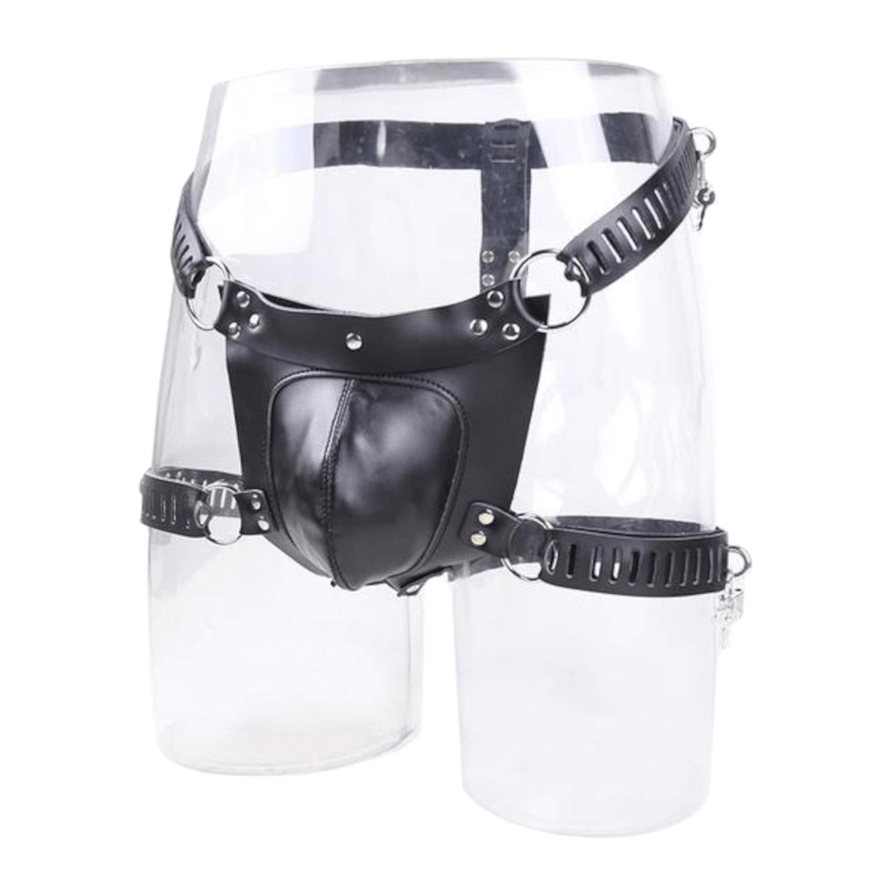 This is an image of Erotic Leather Chastity Belt Harness, a blend of bi-cast leather and stainless steel, perfect for intimate play.