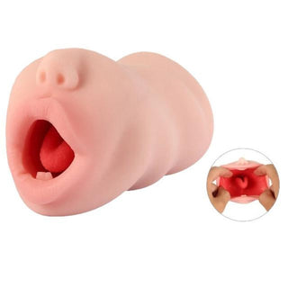 Featuring an image of Pleasure Male Stroker Realistic Blowjob with open mouth and textured silicone tongue for authentic oral pleasure.
