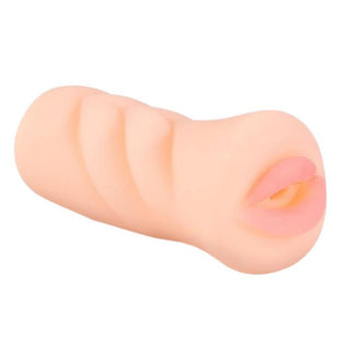 Take a look at an image of Oral Indulgence Realistic Blowjob Male Stroker Masturbation Sleeve in flesh color made of silicone, measuring 4.53 inches in length and 2.17 inches in width.