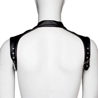 Durable and visually enticing PU leather harness, an image of Leather Chest Strap Harness.
