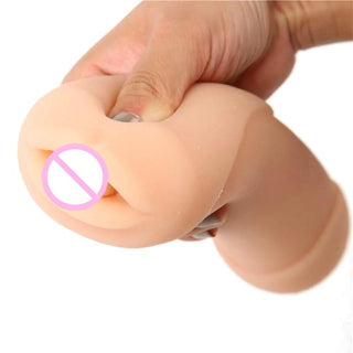 Silicone male masturbator measuring 6.61 inches in length and 2.68 inches in diameter.