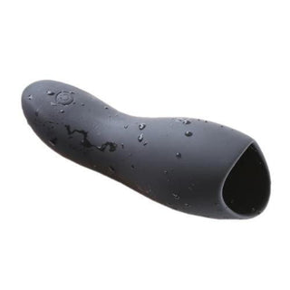 What you see is an image of Vitality Trainer Pocket Pussy 10-Mode Penis Stroker Masturbator in black silicone material with textured tunnel design for enhanced pleasure.