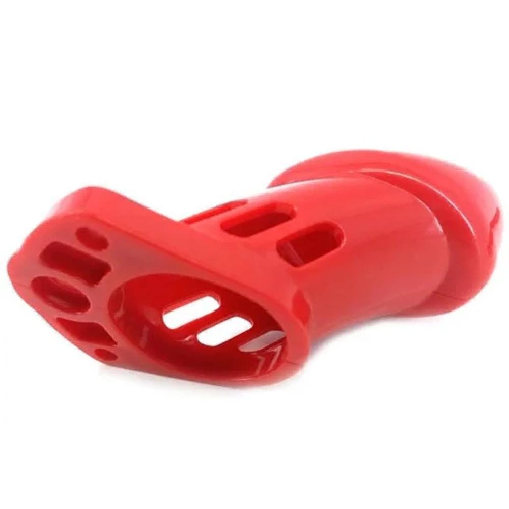 Check out an image of a red plastic chastity cage with adjustable fit and comfort