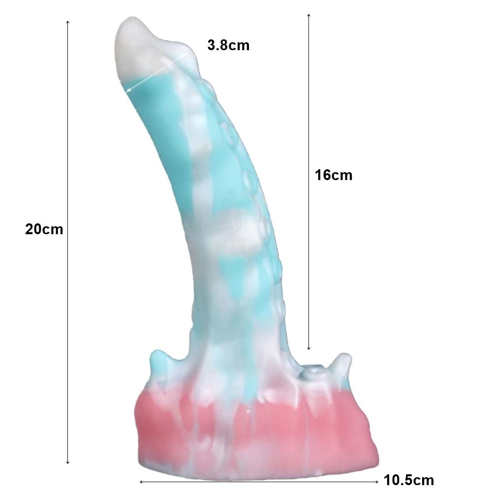Observe an image of a pastel colored tentacle sex toy with a width of 4.13 inches at the base.