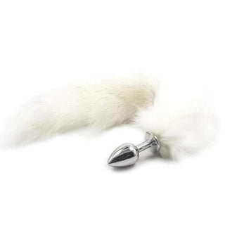 This is an image of Seductive Fox Tail Plug 17 Inches Long with a white faux fur tail.