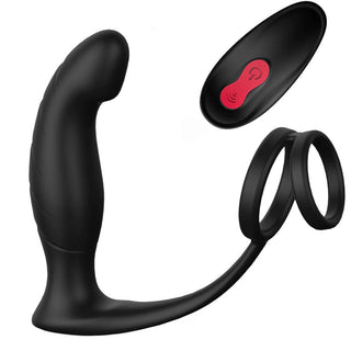 This is an image of Massager Prostate Stimulator With Cock Ring, a dual-action device for enhanced pleasure.