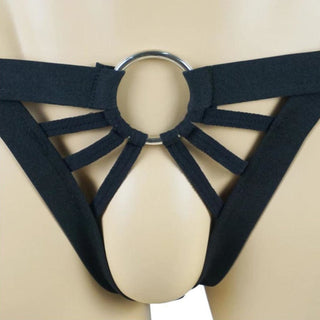 Observe an image of the Crotchless Ring Harness with a waist size of 27-31 inches and hips measuring 31-35 inches.