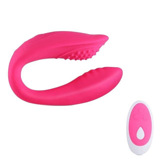 Featuring an image of Orgasmic Couple Fun U Shaped Vibrator Remote in hot pink and purple colors.