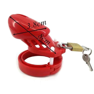 A picture of a red plastic chastity cage for tantalizing denial and teasing