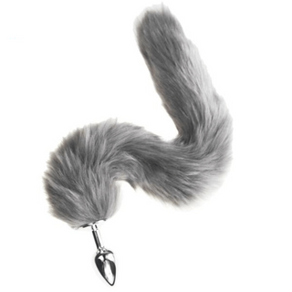 This is an image of Furry Gray Cat Tail Plug 16 Inches Long, designed for sensory play and fantasy exploration.