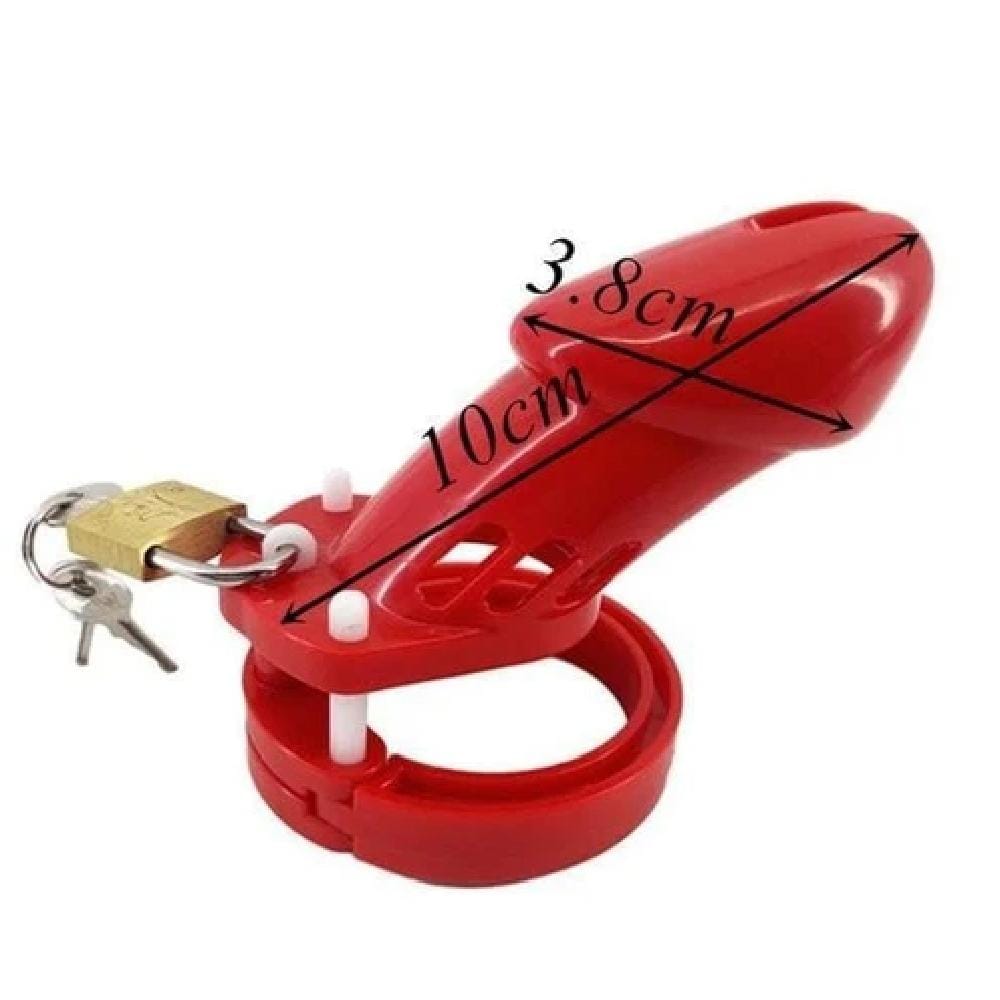 Here is an image of a red plastic chastity device to ignite new sparks in intimacy