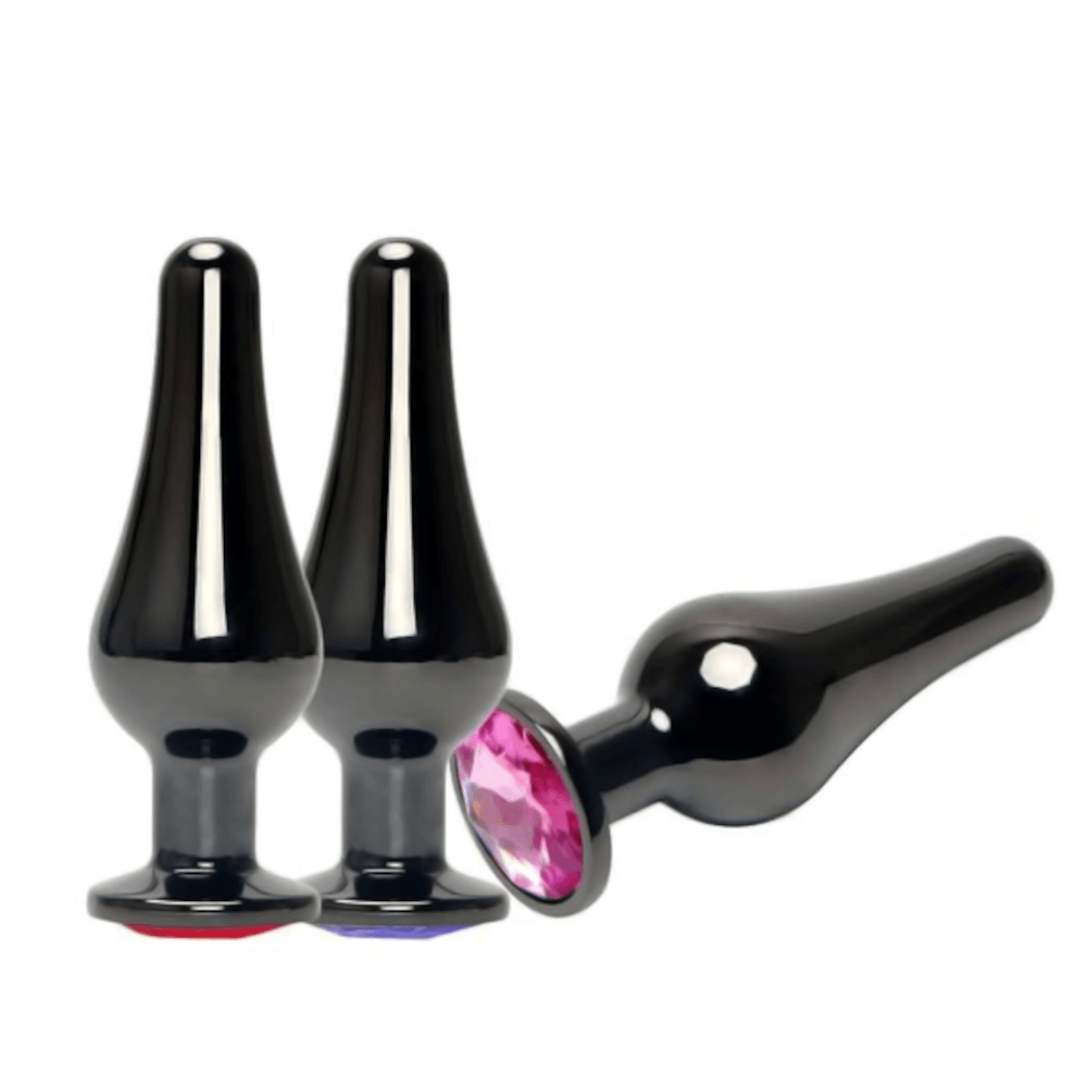 Gunmetal Pear-Shaped Princess Jeweled Metal Plug 3.54" Long - Lovegasm Gunmetal Pear-Shaped Princess Jeweled Metal Plug 3.54" Long - Lovegasm
