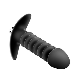 View of Ribbed Torpedo Silicone Vibrating Butt Plug Men 5.24 Inches Long in black color with flared base for secure play.