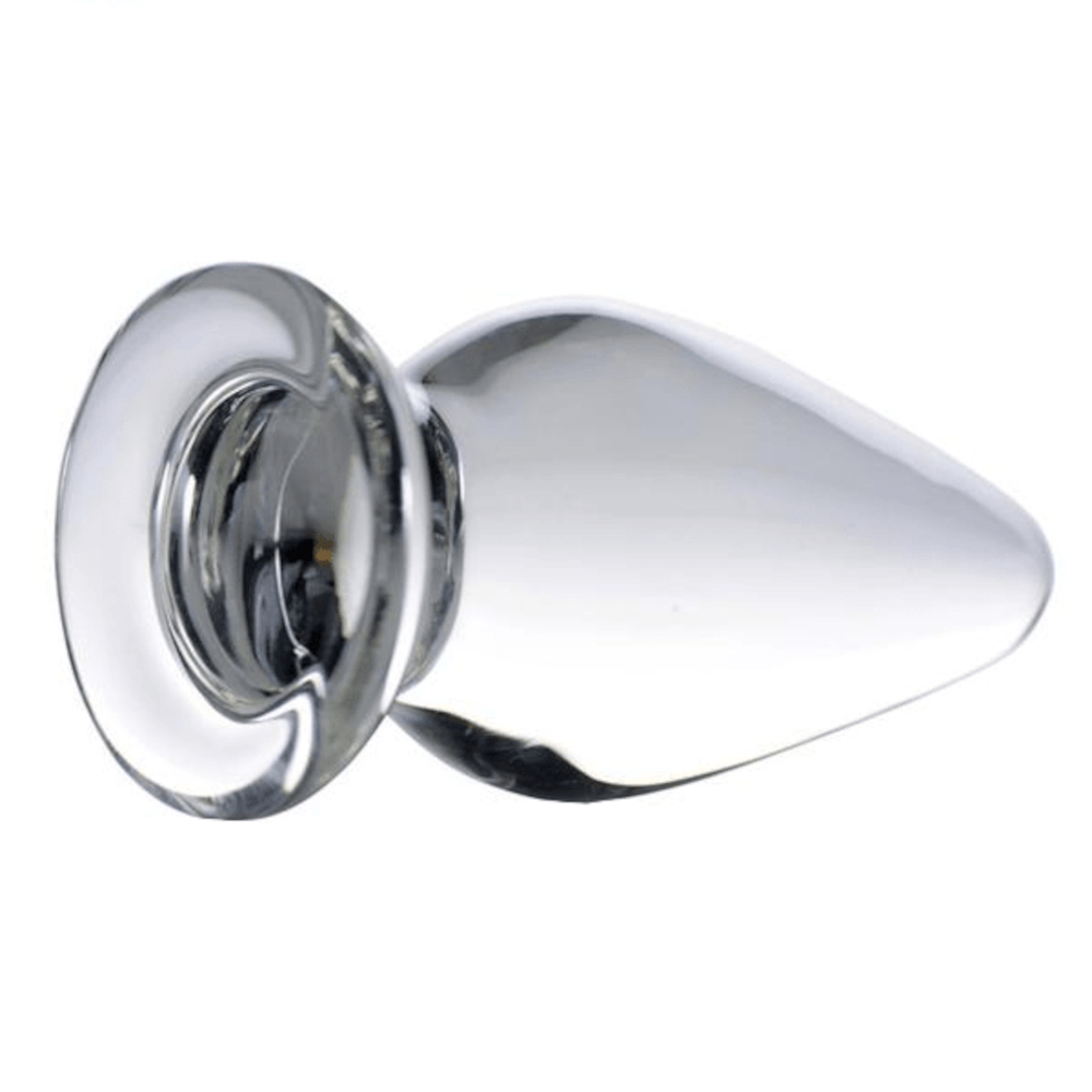A transparent and smooth image of Clear Plug | Crystal Glass Plug 4.21 Inches Long Men, crafted from hypo-allergenic borosilicate glass for safety and easy care.