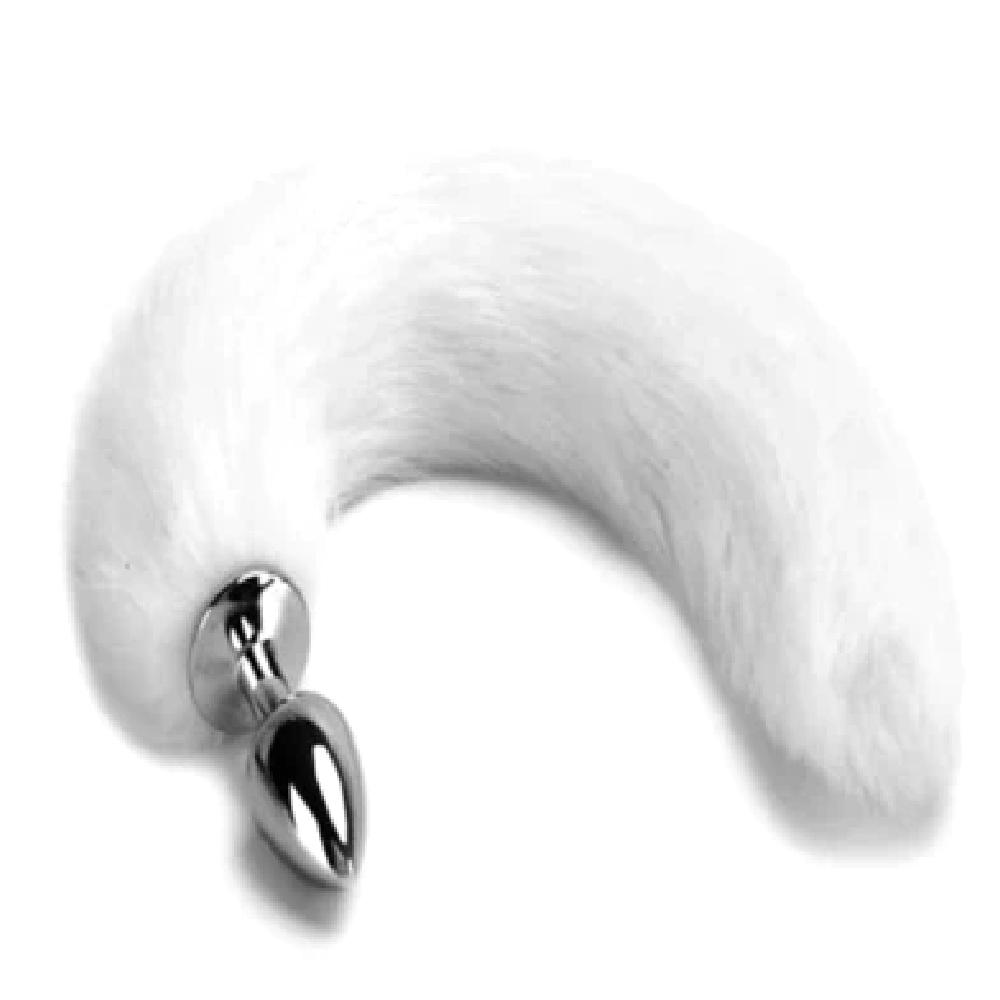 A picture of Flirty Fox Tail Cat Tail 16 Inches Long Plug with a flesh-colored cat tail and a high-quality stainless steel plug.